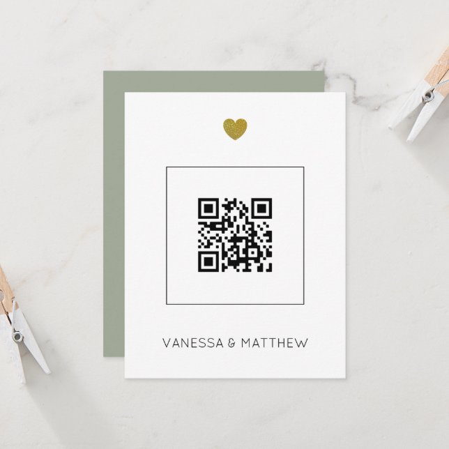 Carte Mariage moderne à budget avec code QR Sage tout-en (Devant/Arrière en situation)