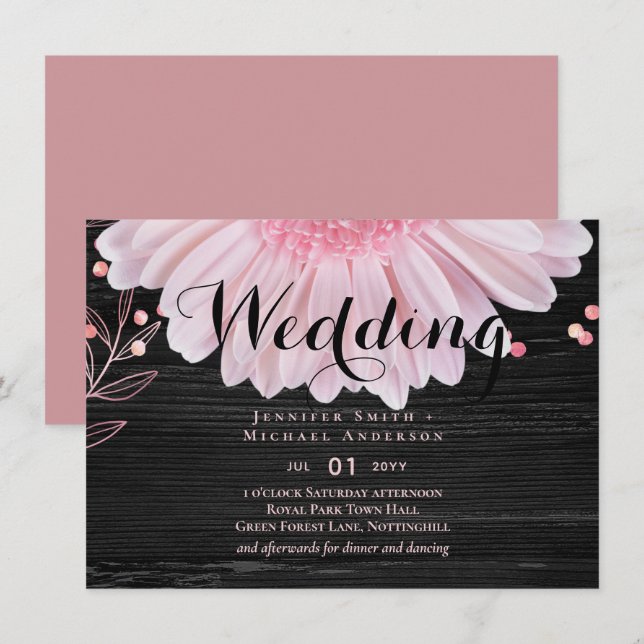 Carte Mariage moderne de marguerite rose noire (Devant / Derrière)