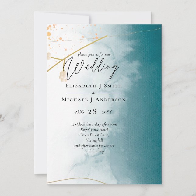 Carte Mariage moderne Misty Blue Gold (Devant)