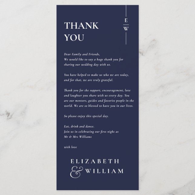 Carte Mariage  Monogramme bleu marine Merci (Devant)
