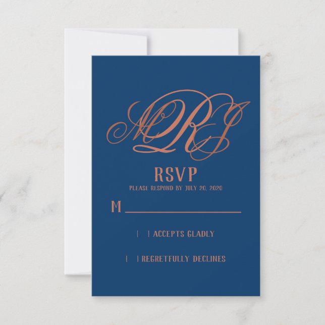 Carte Mariage Monogramme élégant en cuivre bleu marine R (Devant)