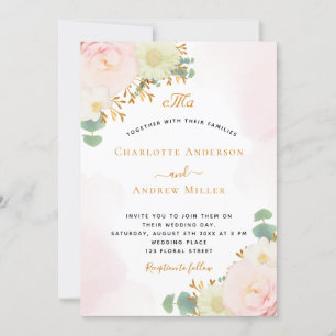 Carte Mariage monogramme or couleur rose pâle rose