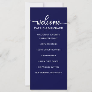 Carte Mariage Ordre des événements Chic Navy Bleu et Bla