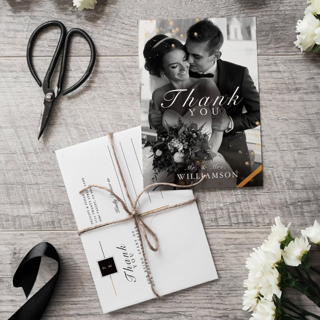 Carte Mariage photo Black Gold Classy Merci (Black Gold Classy Wedding Photo Thank You Postcard)