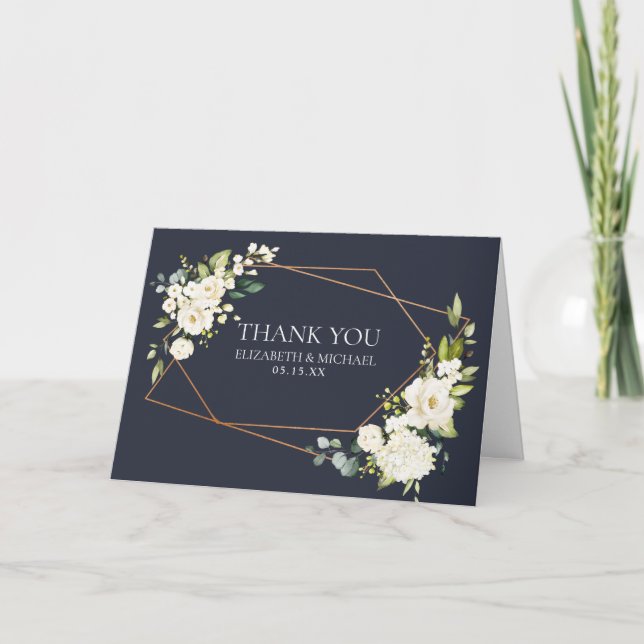 Carte Mariage photo en cuivre géométrique bleu blanc (Devant)
