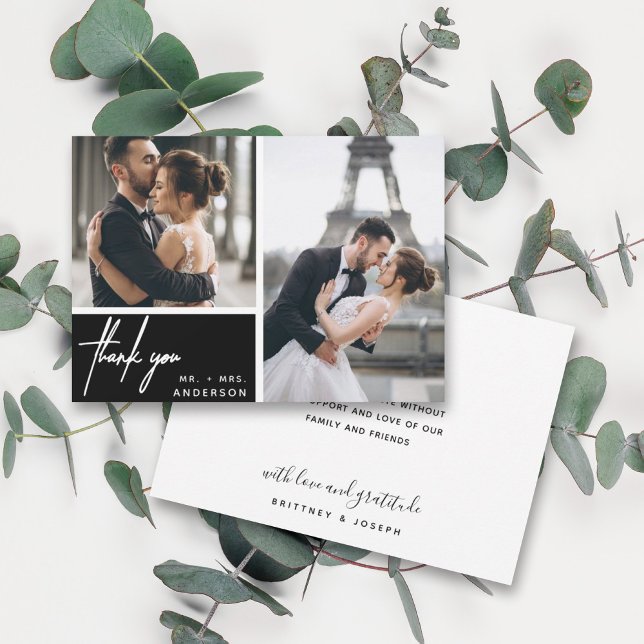 Carte Mariage photo noir moderne (Two photo hand lettered thank you wedding card with a minimalistic design perfect for any couple.)