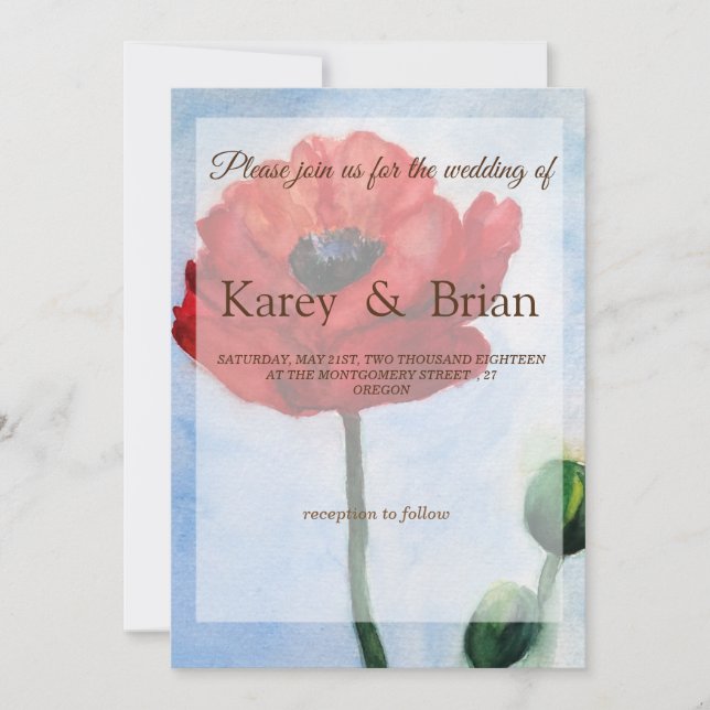 Carte Mariage Red Poppy Watercolor (Devant)