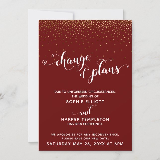 Carte Mariage reportée Gold & Red Change Plans (Devant)