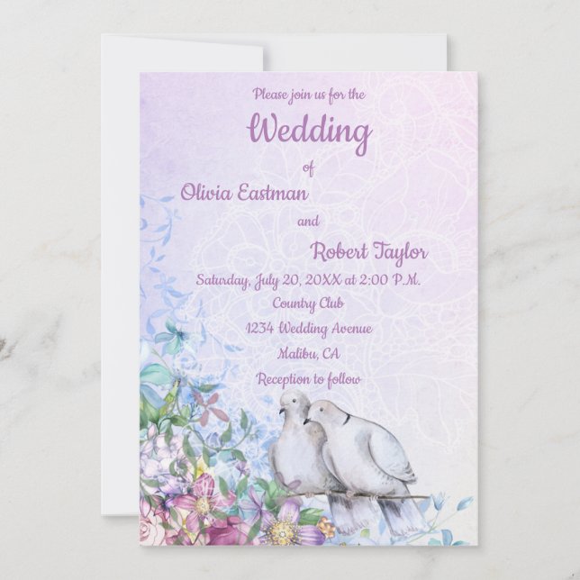Carte Mariage romantique personnalisé colombes blanches (Devant)