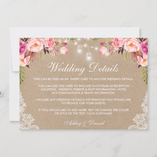 Carte Mariage Rose Jar Lumières Dentelles Détails Kraft  (Devant)