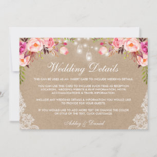 Carte Mariage Rose Jar Lumières Dentelles Détails Kraft 