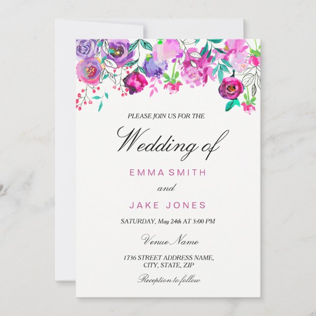 Carte Mariage rose violet et teint d'aquarelle (Devant)