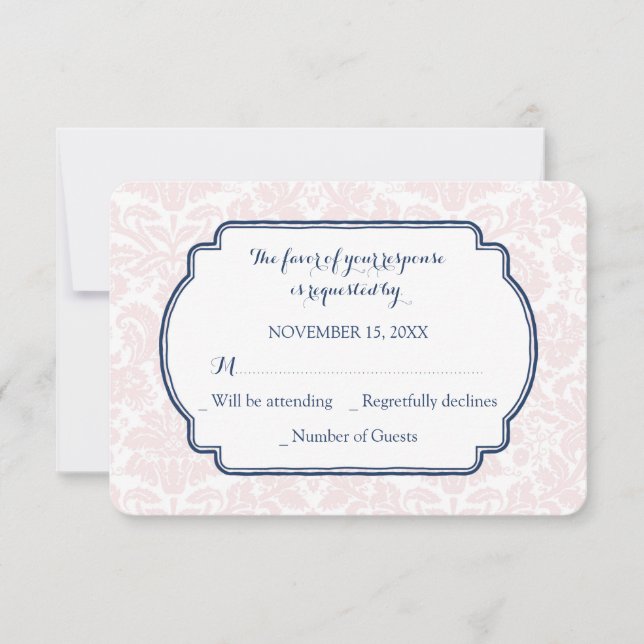 Carte Mariage RSVP Blush Pink Blue Damask (Devant)
