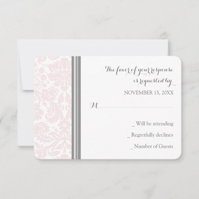Carte Mariage RSVP Blush rose gris Damask (Devant)