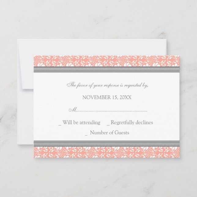 Carte Mariage RSVP Coral Grey Damask (Devant)