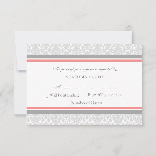Carte Mariage RSVP Coral Grey Damask (Devant)
