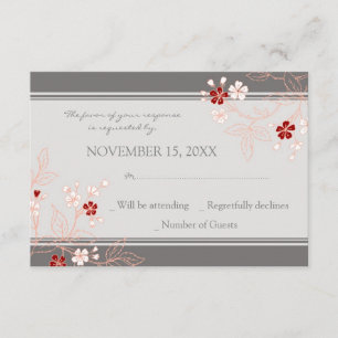Carte Mariage RSVP Coral Red Grey Floral