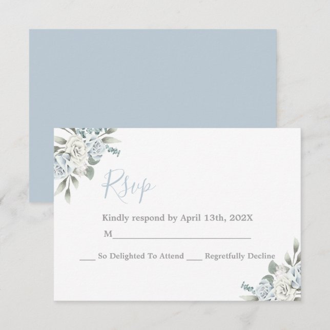 Carte mariage RSVP Dusty Blue Floral (Devant / Derrière)