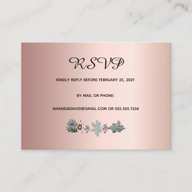 Carte mariage RSVP fleurs succulentes or rose (Devant)