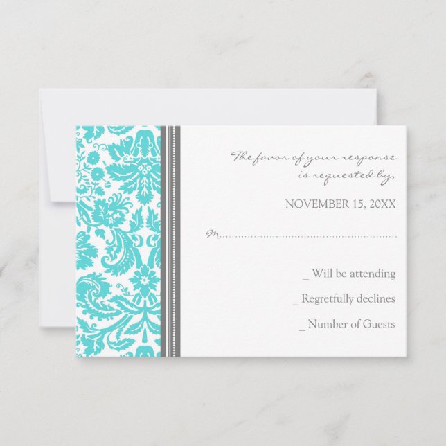 Carte Mariage RSVP Gris Aqua Damask (Devant)