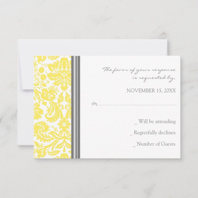 Carte Mariage RSVP Gris Lemon Damask (Devant)