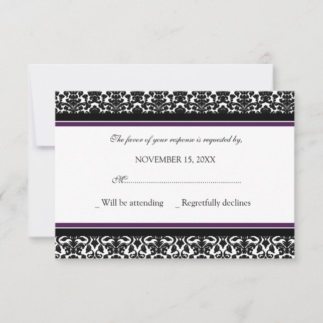 Carte Mariage RSVP Plum Black Damask (Devant)