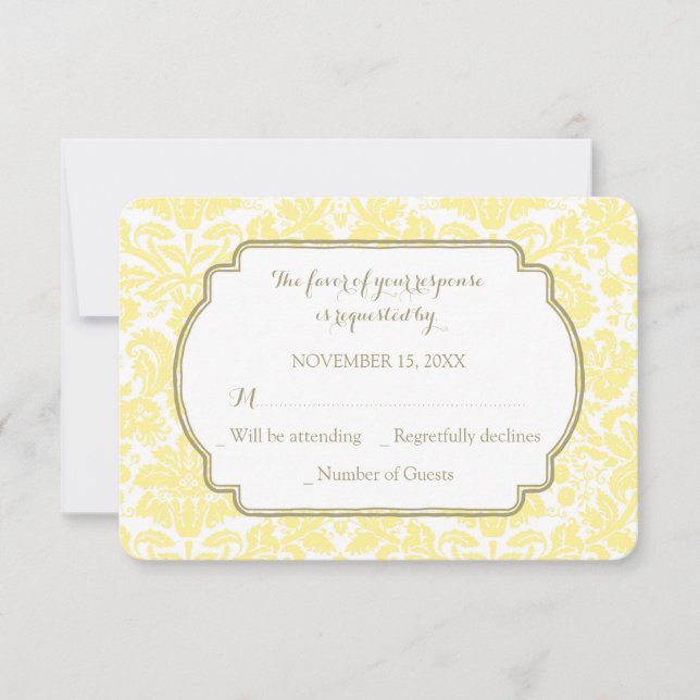 Carte Mariage RSVP Tan Jaune Damask (Devant)