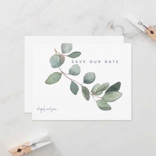 Carte Mariage simple Eucalyptus Lavender Enregistrer la  (Devant/Arrière en situation)
