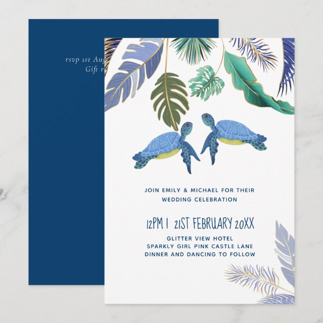Carte Mariage Tortues de Mer Bleu Jaune (Devant / Derrière)