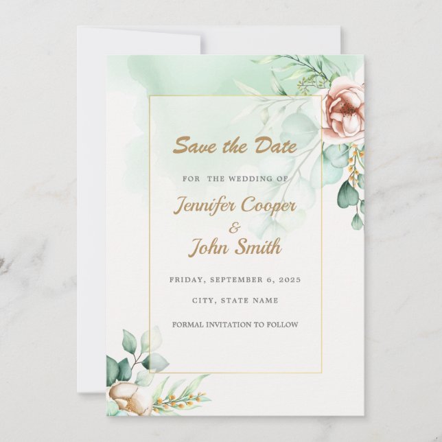 Carte Mariage vert Eucalyptus Enregistrer la date (Devant)