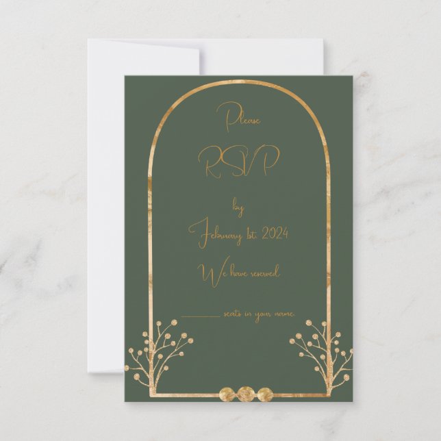 Carte Mariage Vert foncé et Or RSVP Insérer (Devant)