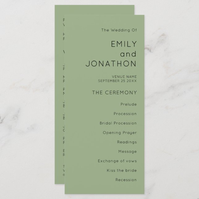 Carte Mariage vert Sage (Devant / Derrière)