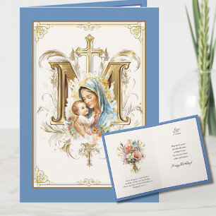 Carte Marie Jésus Floral Écriture Bleu Or 
