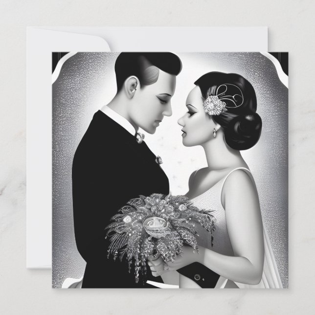 Carte Marié mariée B&W & Bouquet (Devant)
