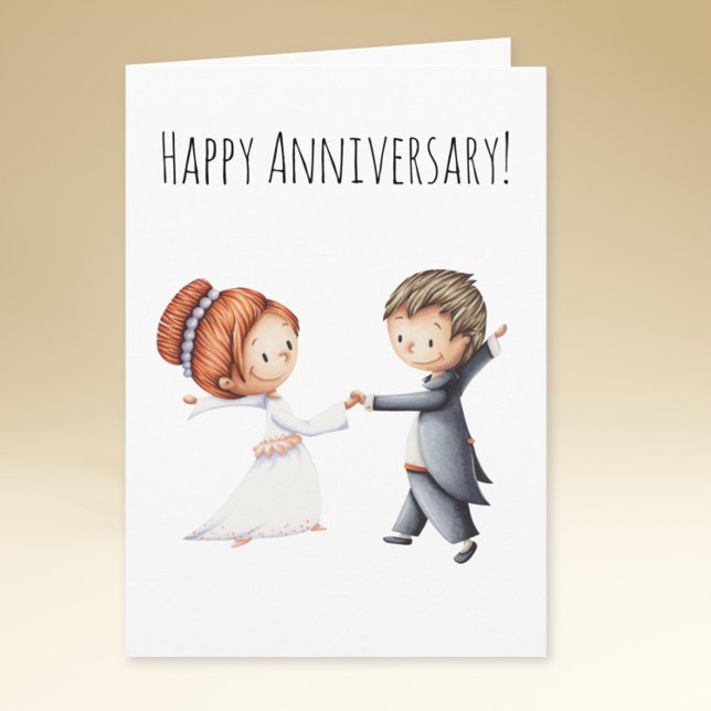 Carte Mariés mignons dansant pour leur anniversaire de m (Minimalist illustrated wedding anniversary card with the bride and groom dancing their first waltz)