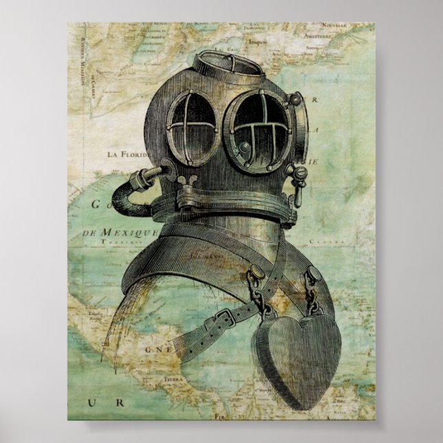 Carte marine antique avec Poster Casque de plongée (Devant)
