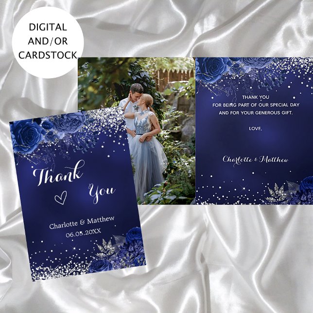 Carte Marine bleu argent photo floral mariage merci (Créateur téléchargé)