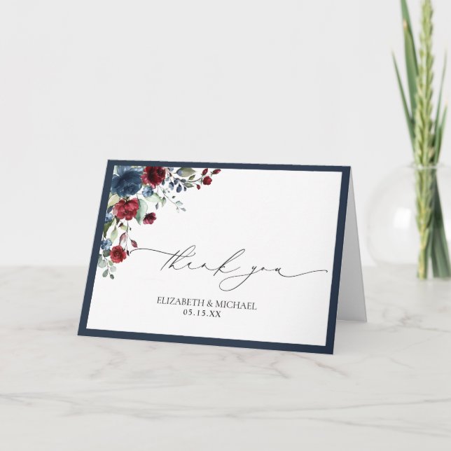 Carte Marine Bleu Bourgogne Floral Aquarelle Photo Maria (Devant)