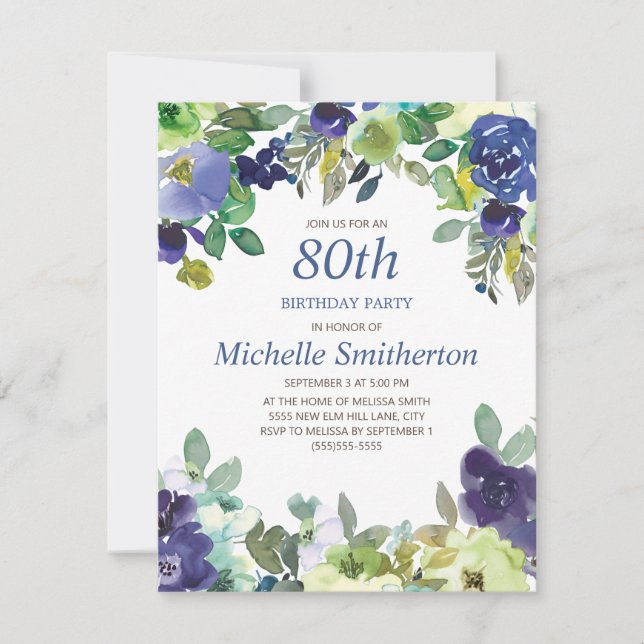 Carte Marine Blue Sage Green Floral 80e fête d'anniversa (Devant)