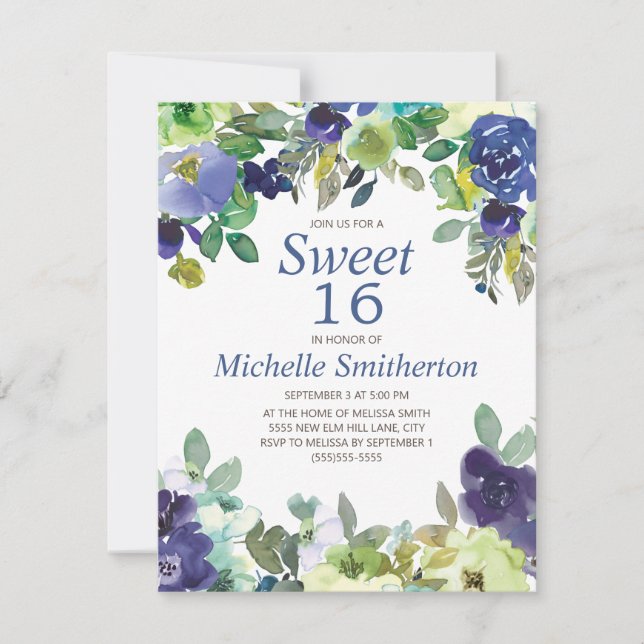 Carte Marine Blue Sage Vert Floral Sweet 16 Anniversaire (Devant)
