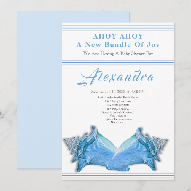 Carte Marine Blue Seahorse Ahoy c'est un Baby shower gar (Devant / Derrière)