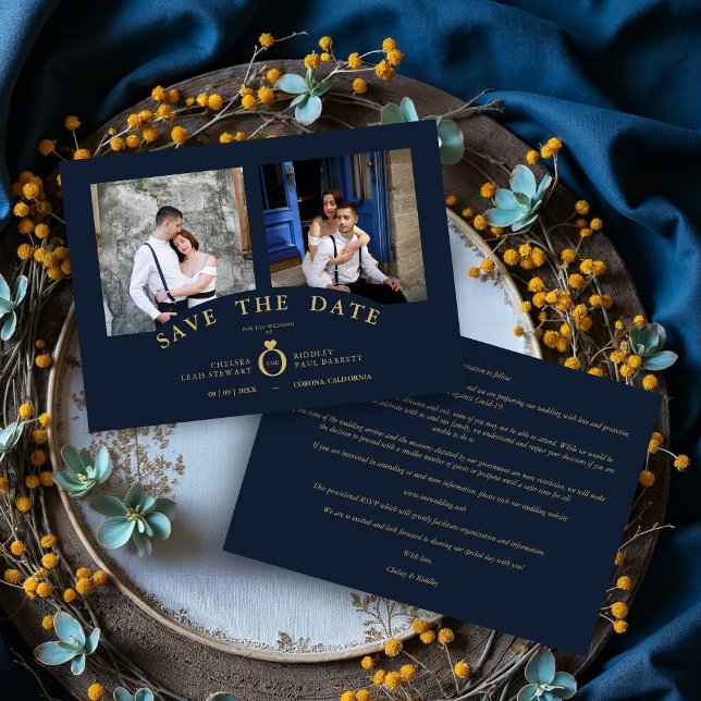 Carte Marine Elegant Gold 2 Photos Mariage sophistiqué (Navy Elegant Gold 2 Photos Sophisticated Wedding Save the Date Cards.)