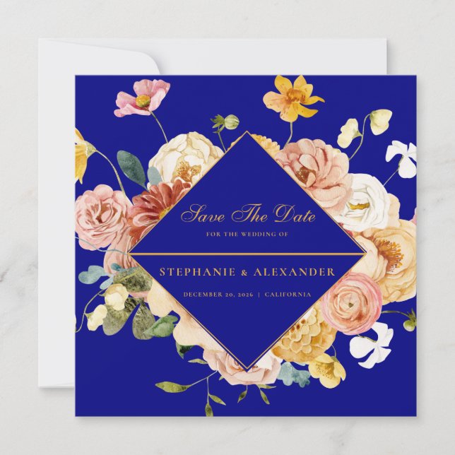 Carte Marine Géométrique Bleu Floral Économisez La Date (Devant)