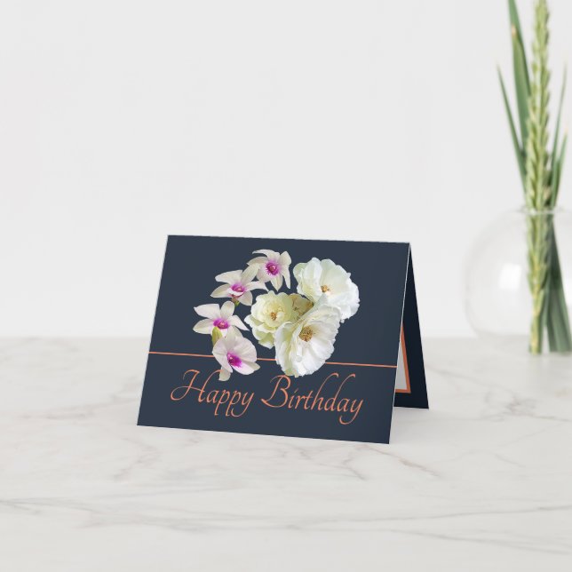 Carte Marine Orange Bouquet Blanc Roses & Orchidées Anni (Devant)