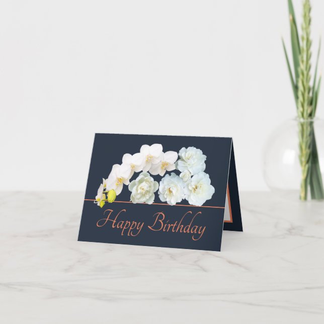 Carte Marine Orange Bouquet Fleurs blanches Joyeux anniv (Devant)