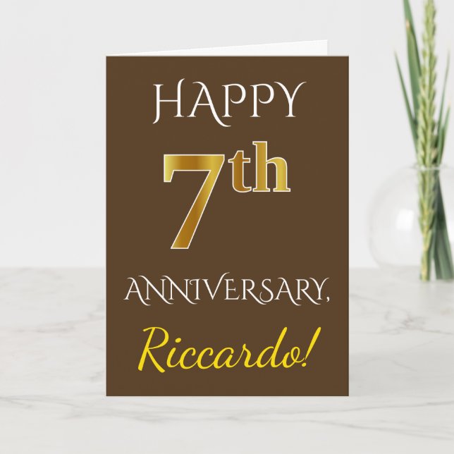 Carte Marron, Faux Or 7e Anniversaire de Mariage + Nom (Devant)