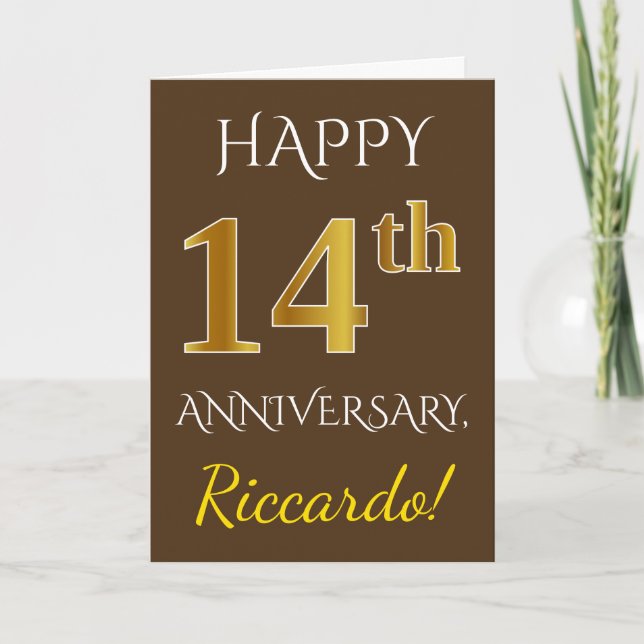 Carte Marron, Or Faux 14e Anniversaire de Mariage + Nom (Devant)