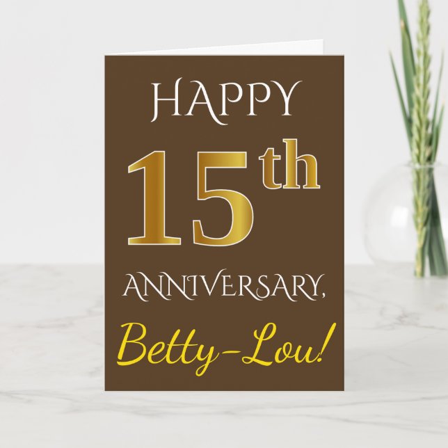 Carte Marron, Or Faux 15e Anniversaire de Mariage + Nom (Devant)
