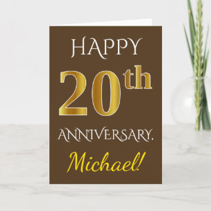 Carte Marron, Or Faux 20e Anniversaire de Mariage + Nom
