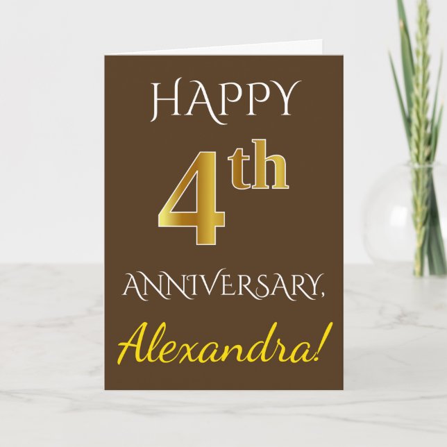 Carte Marron, Or Faux 4e Anniversaire de Mariage + Nom (Devant)